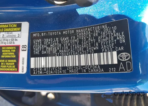 2010 Toyota Corolla Le из США, поврежденный, VIN 2T1BU4EE6AC425710